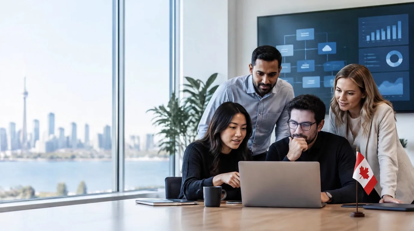 Technology team reviewing an AI application workflow in a Toronto office with a Canadian flag