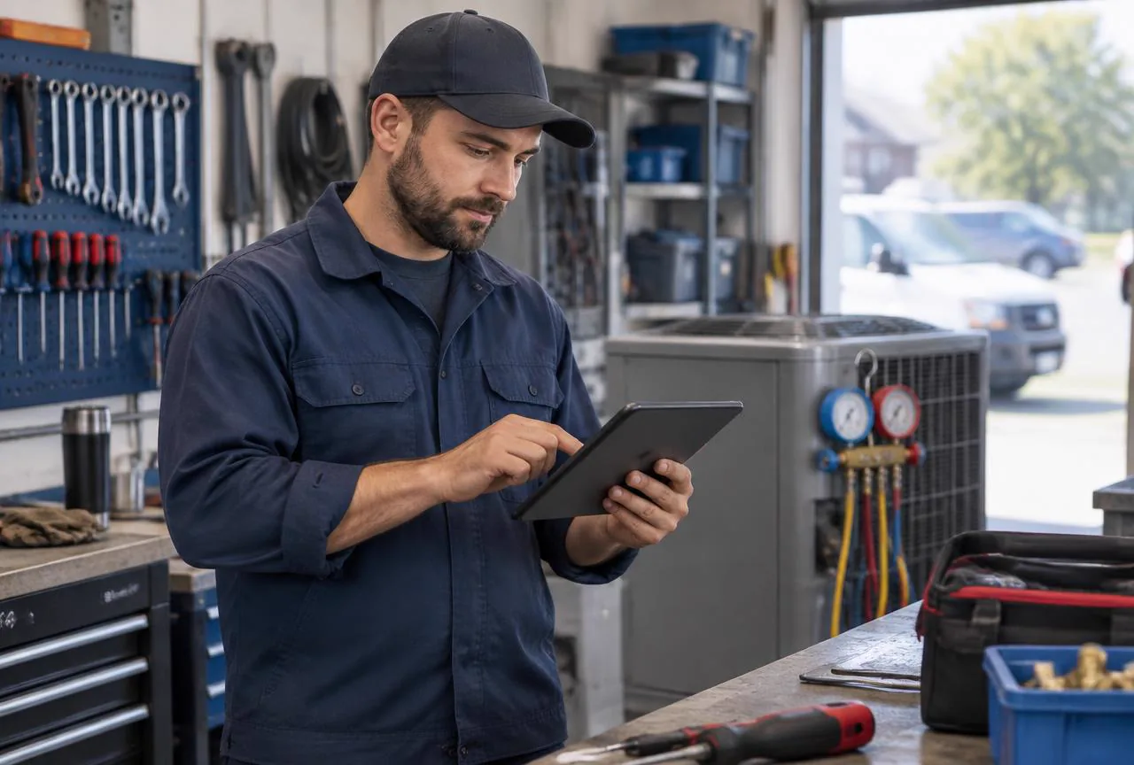 Local HVAC business owner using a tablet in a workshop