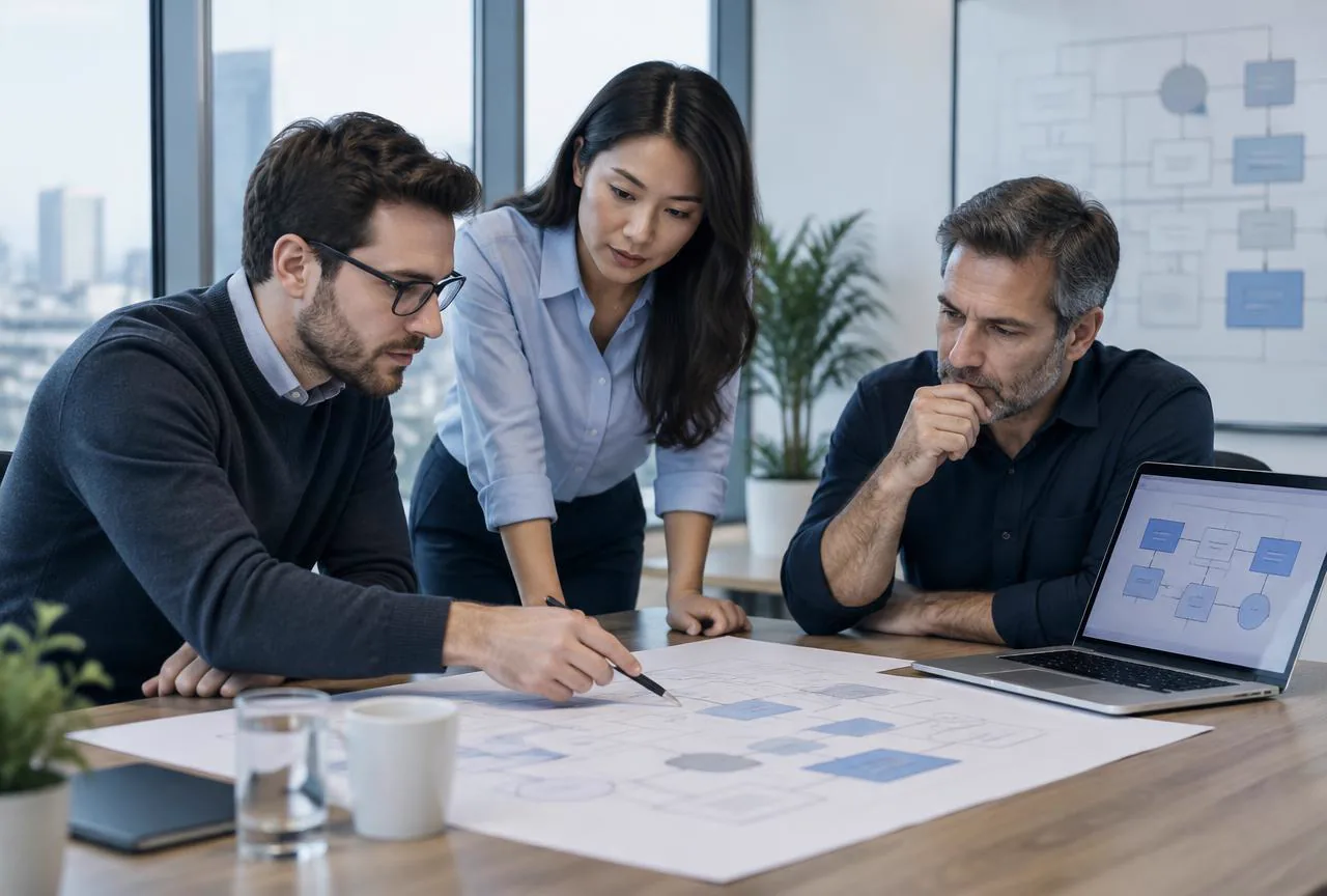 Technical team reviewing a system architecture and workflow